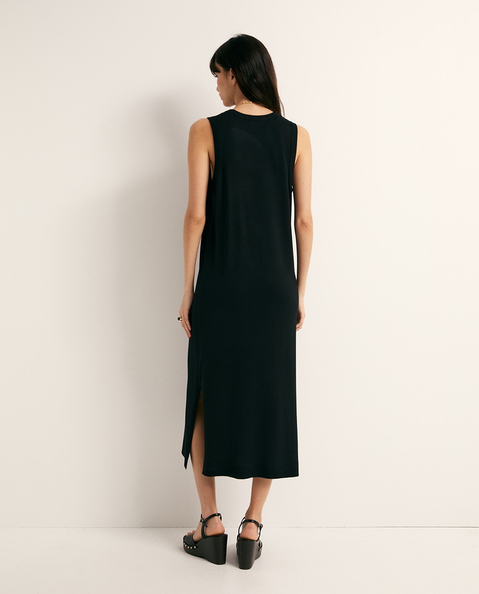 Vestido midi liso Preto-4