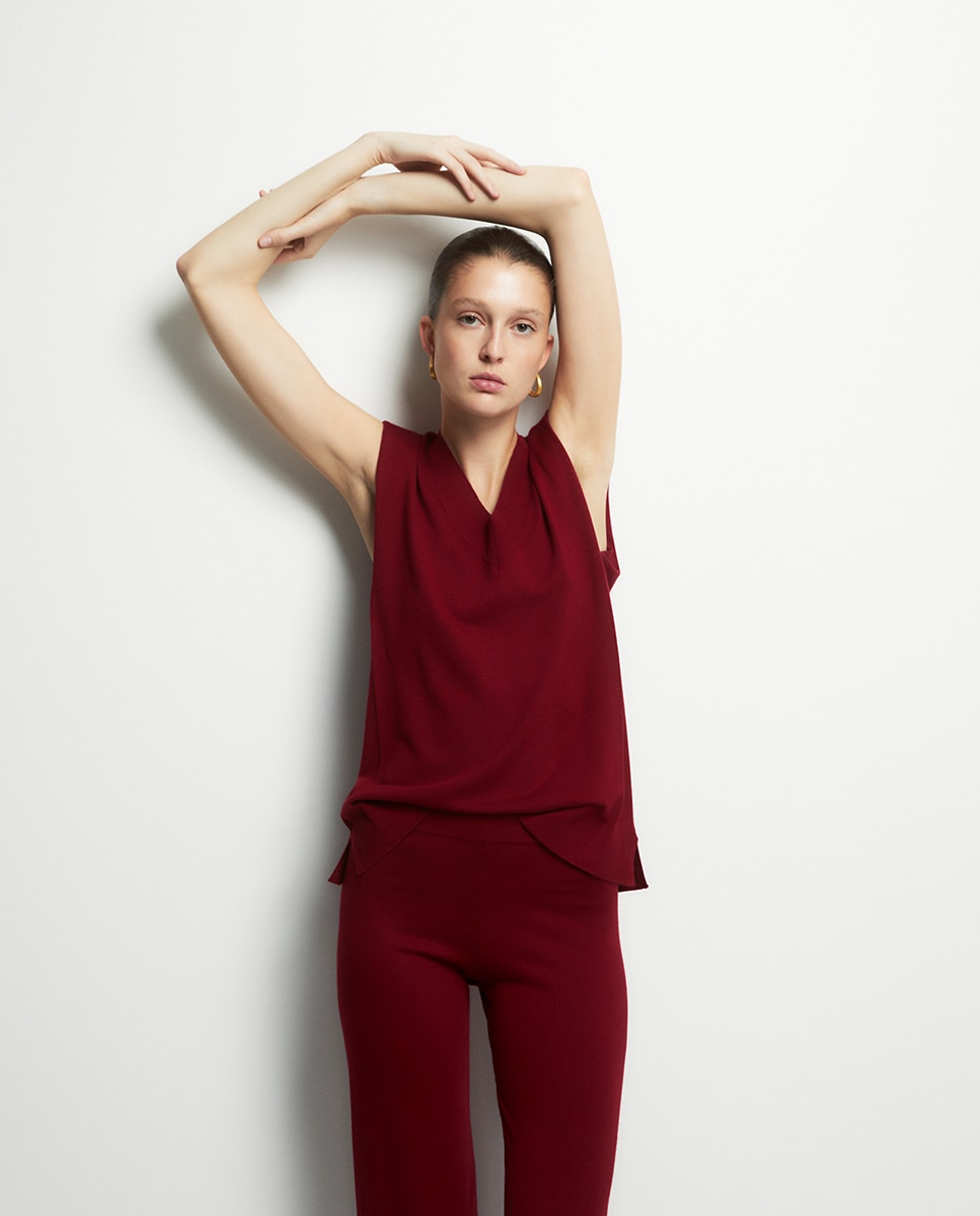 Calças de Ponto Liso Vermelho/Grená-3