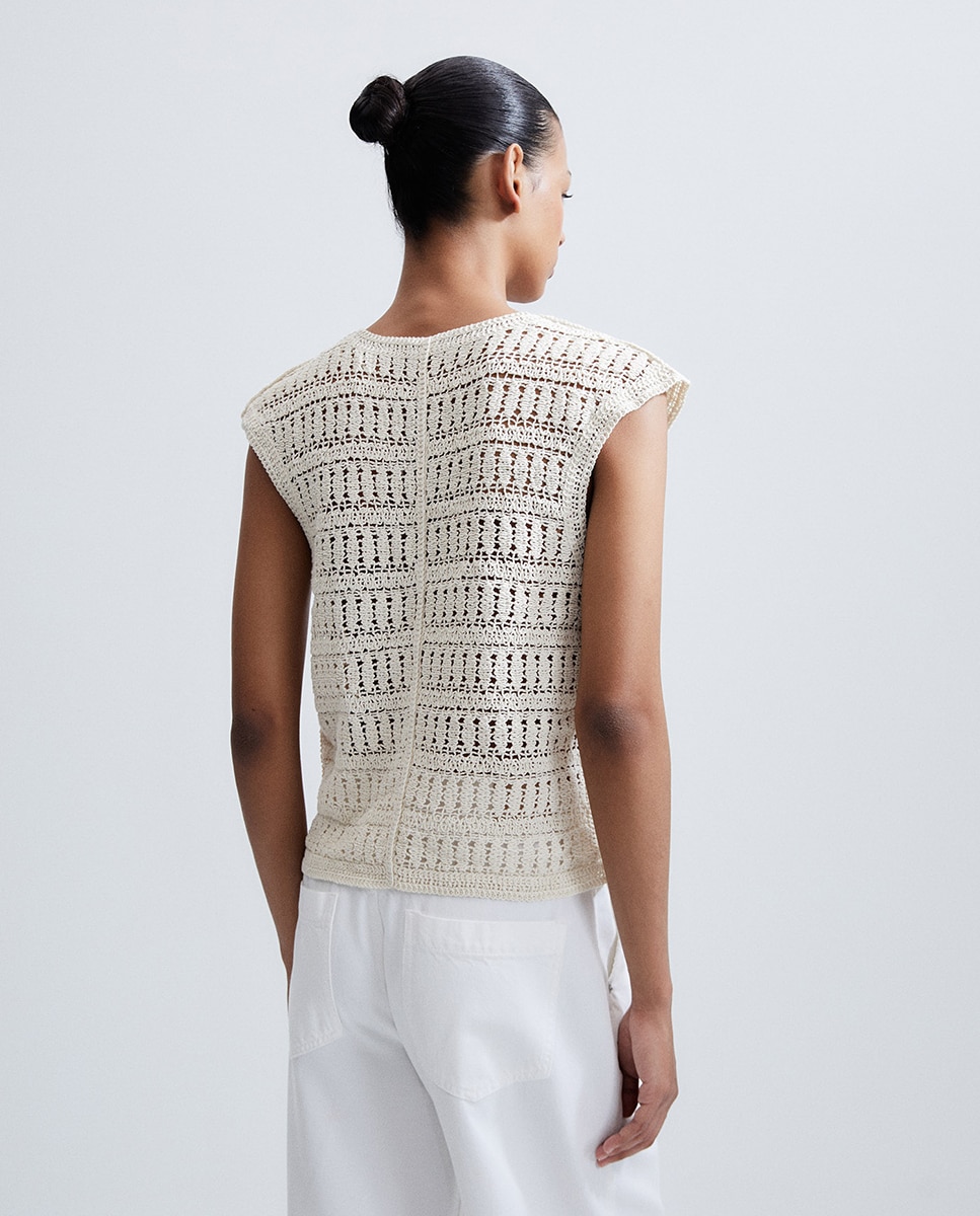 Top de Crochet com Manga Curta Cru-4