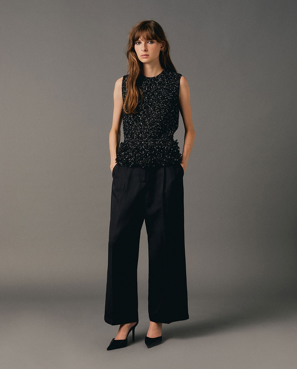 Top de Tweed com Franjas na Parte Inferior Preto-2