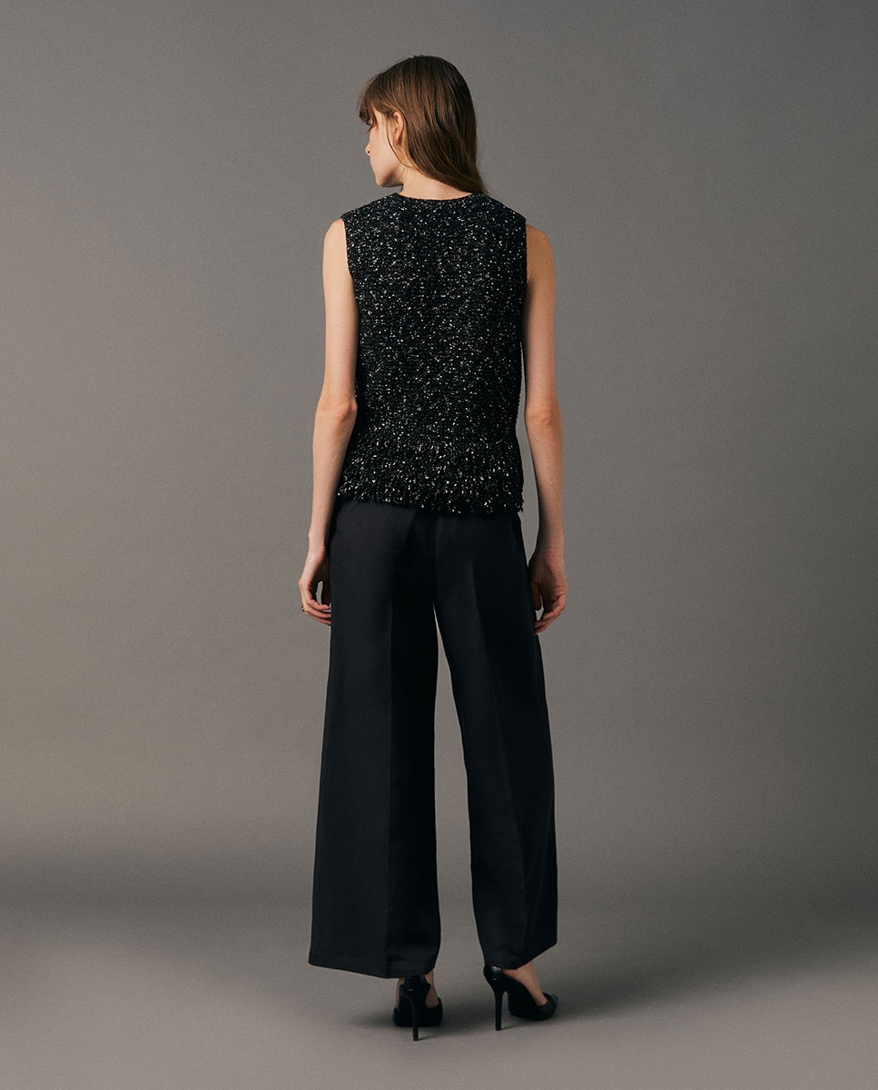 Top de Tweed com Franjas na Parte Inferior Preto-5