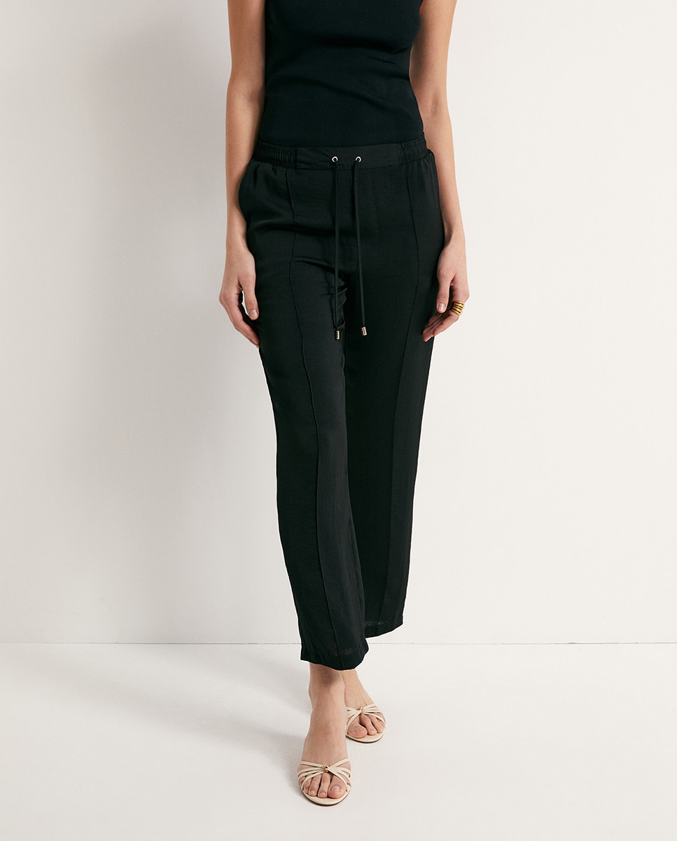 Calças Fluidas Lisas Preto-2