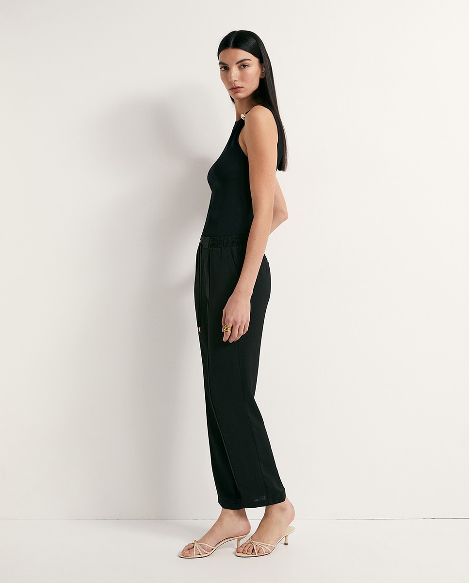 Calças Fluidas Lisas Preto-3