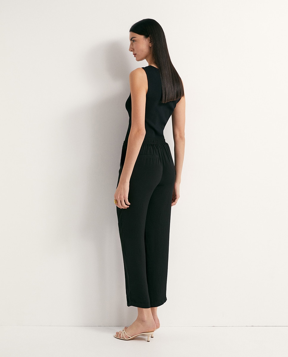 Calças Fluidas Lisas Preto-4