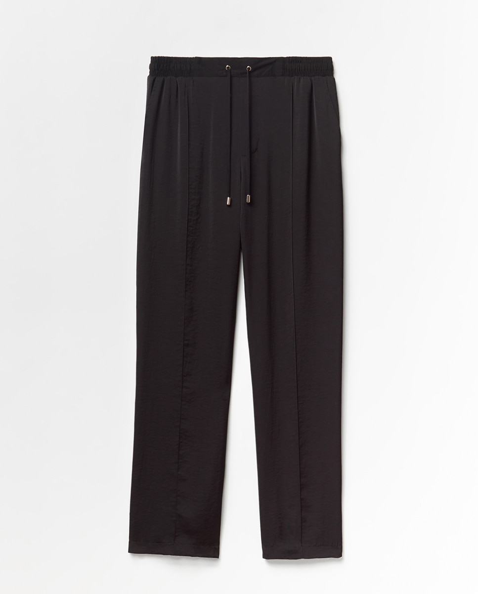 Calças Fluidas Lisas Preto-5