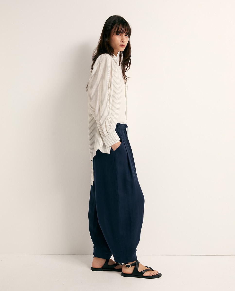 Calças Tipo Bombachas de Linho Azul-marinho-3