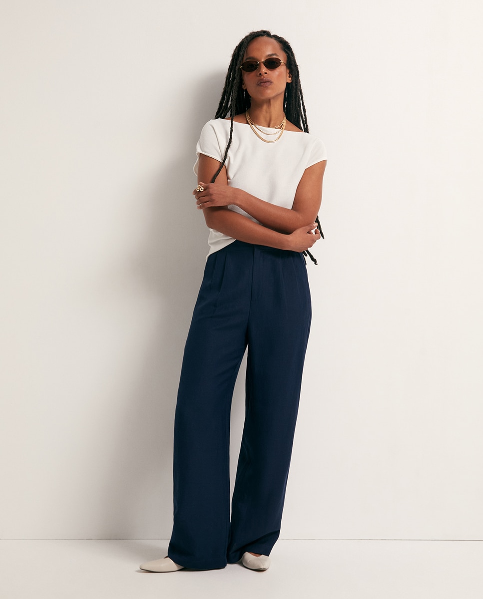 Calças Formais de Linho Azul-marinho-1