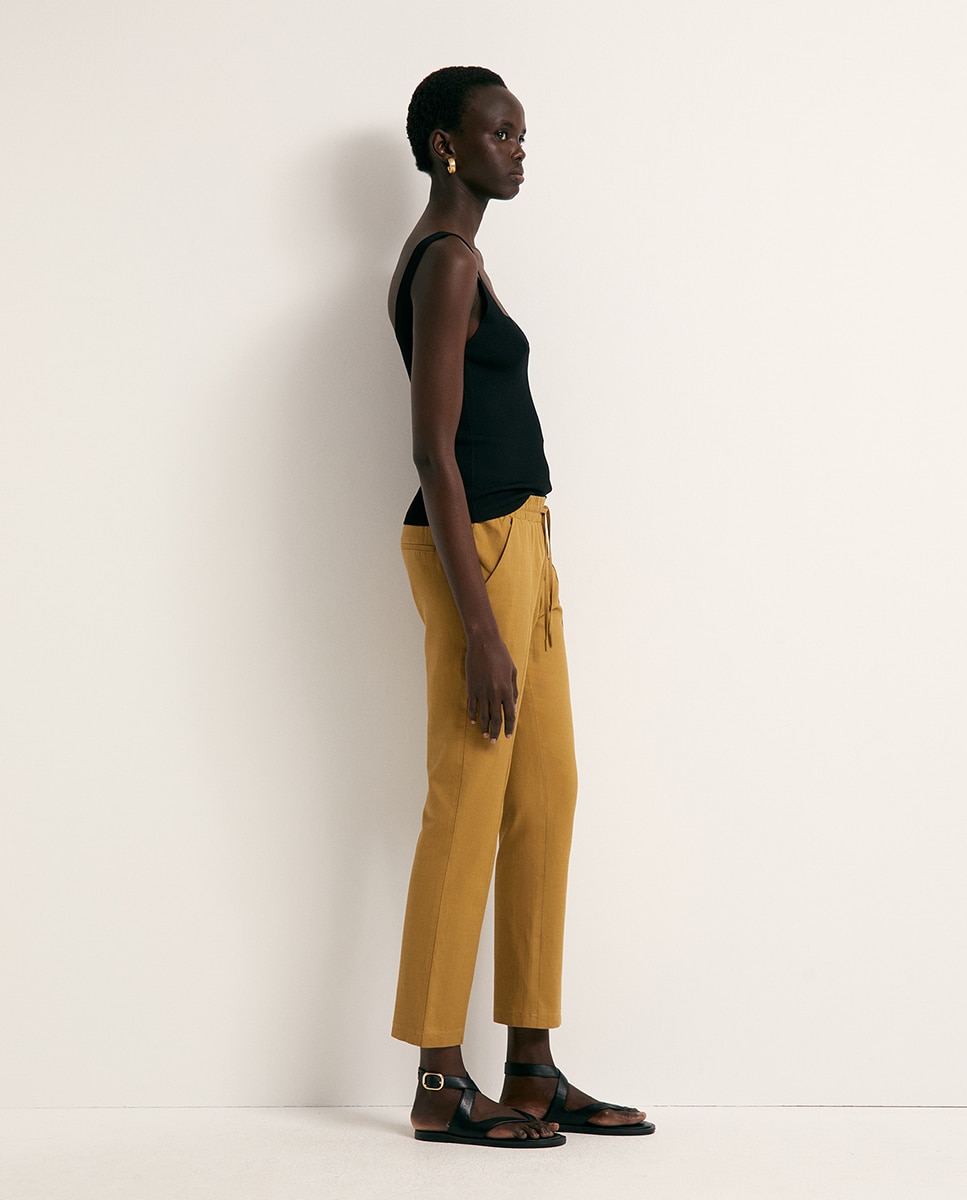 Calças Fluidas de Linho Amarelo-3