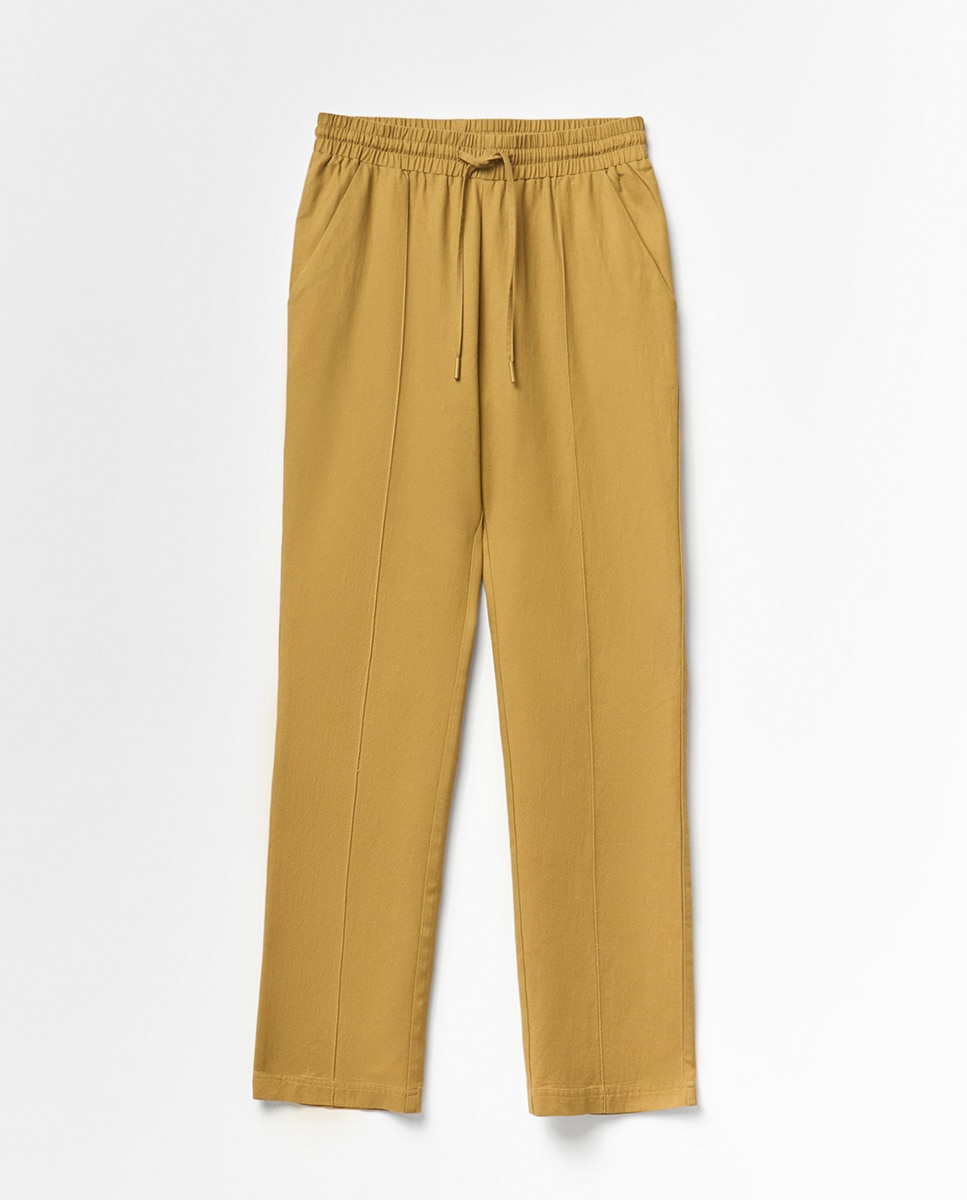 Calças Fluidas de Linho Amarelo-5