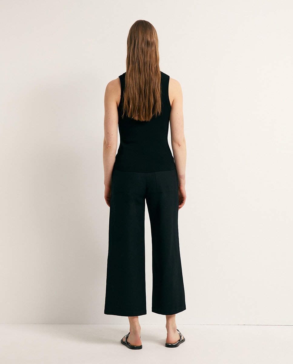 Calças Tipo Culotte de Linho Preto-5