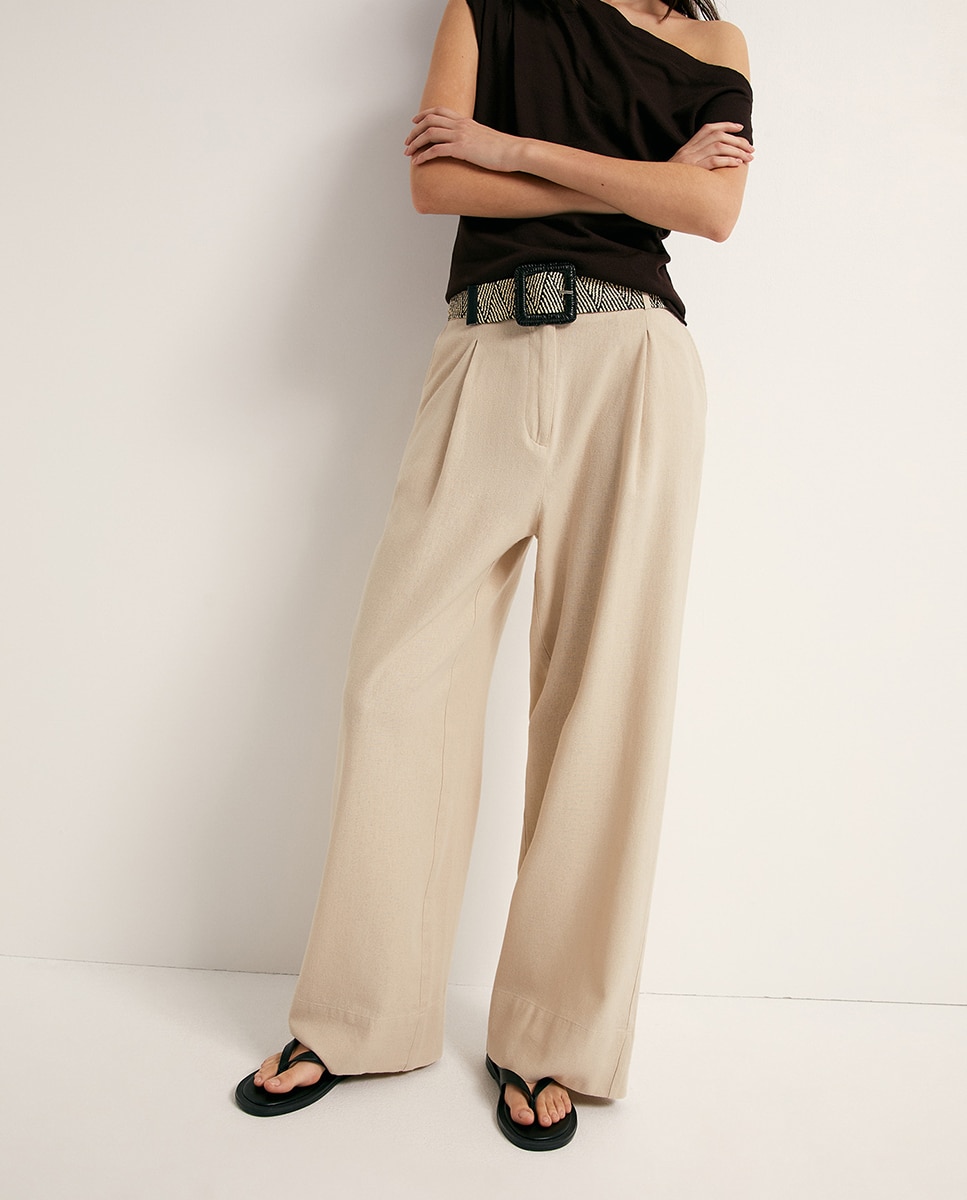 Calças Largas de Linho Bege-2
