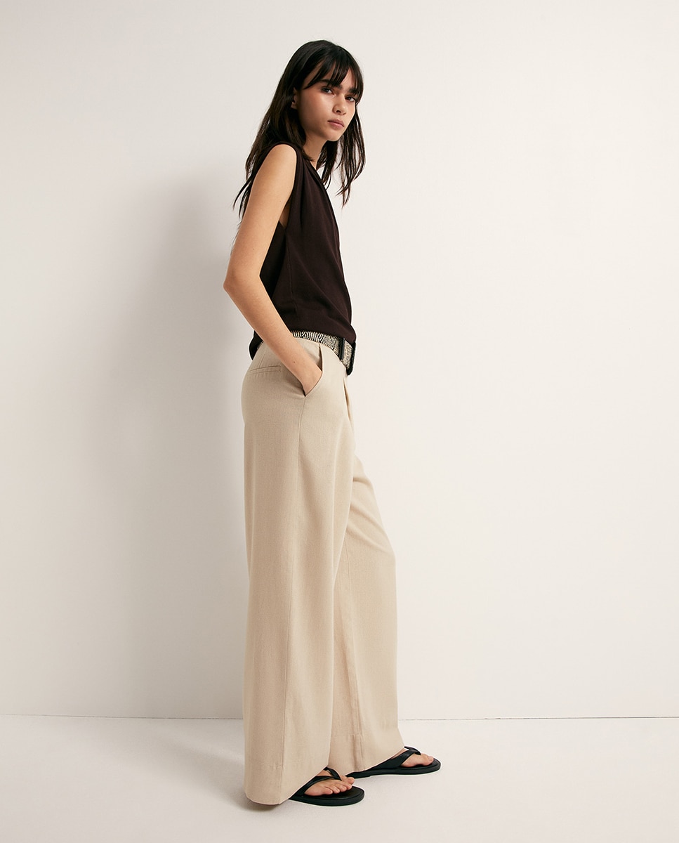 Calças Largas de Linho Bege-4