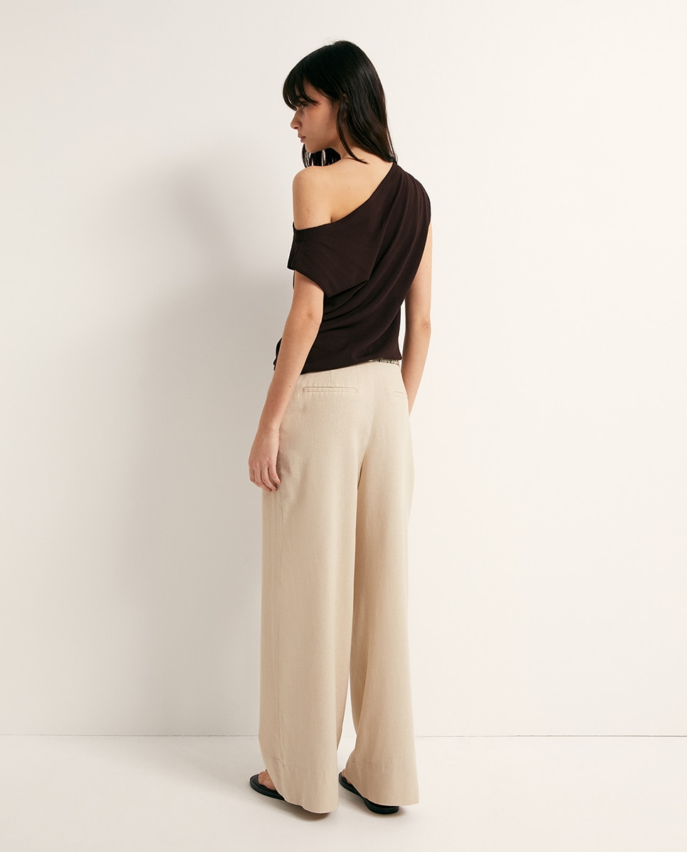 Calças Largas de Linho Bege-5