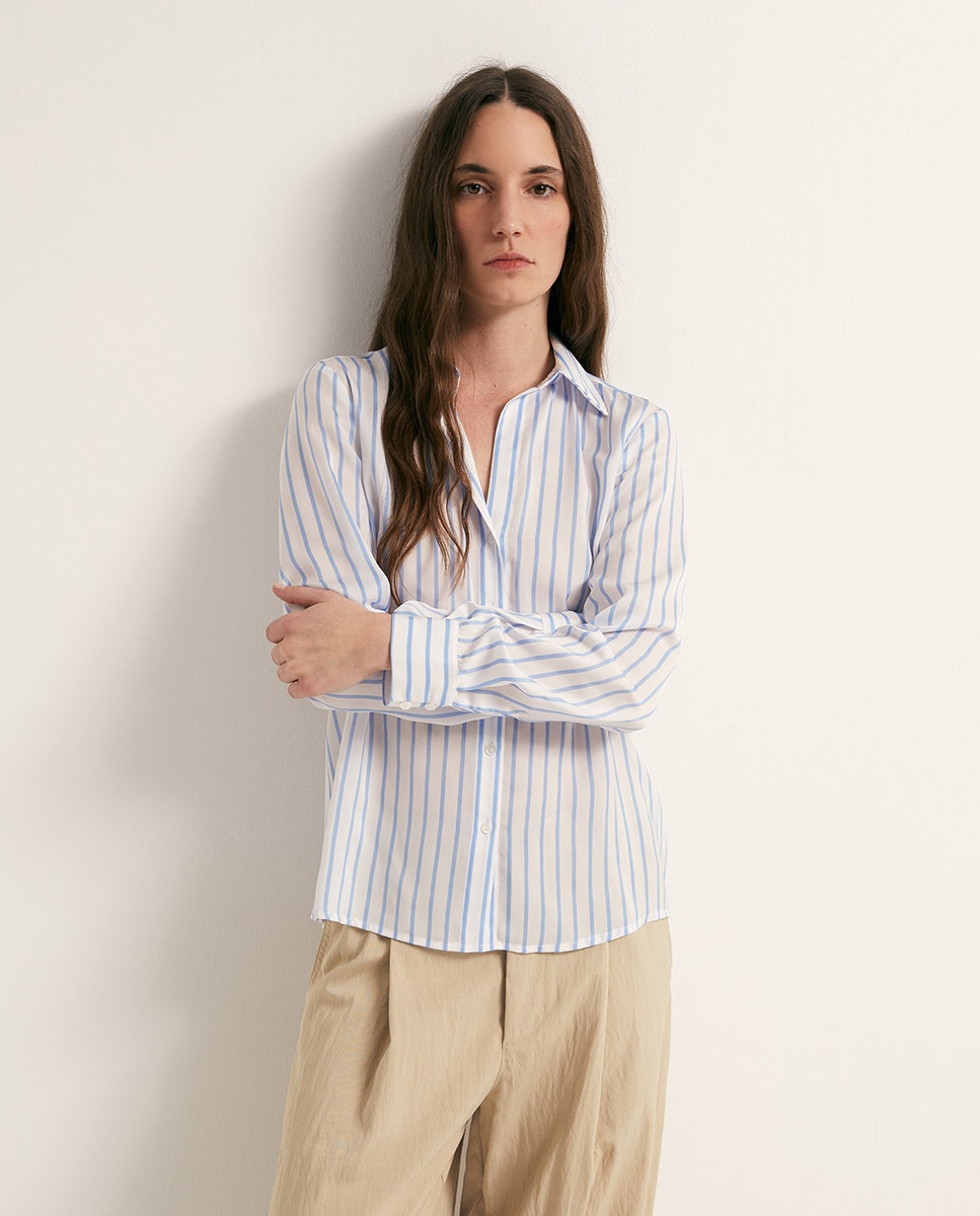 Camisa às Riscas Acetinada Azul-claro-1