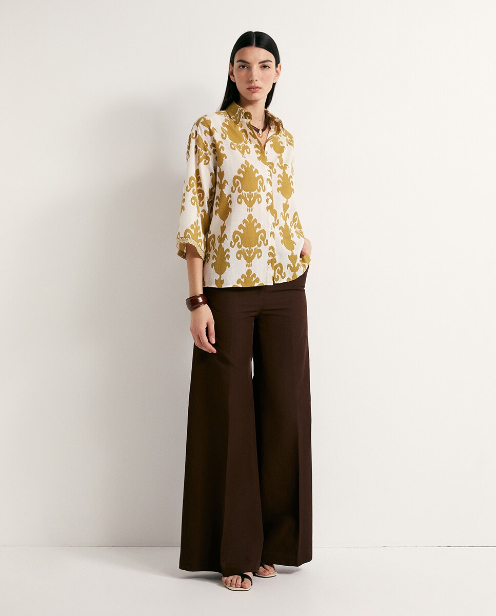 Camisa de Linho Estampada Caqui-2