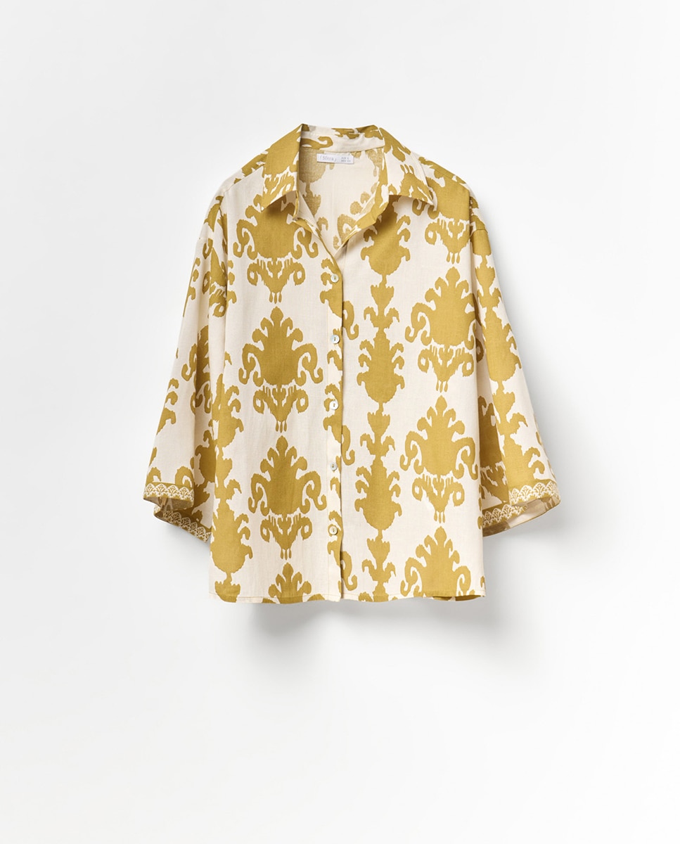 Camisa de Linho Estampada Caqui-5