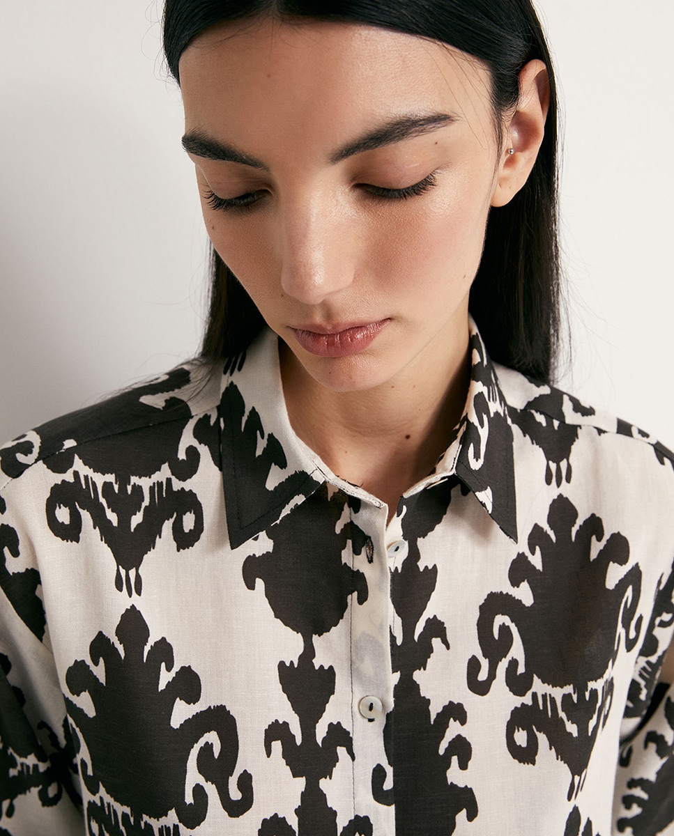 Camisa de Linho Estampada Chocolate-3