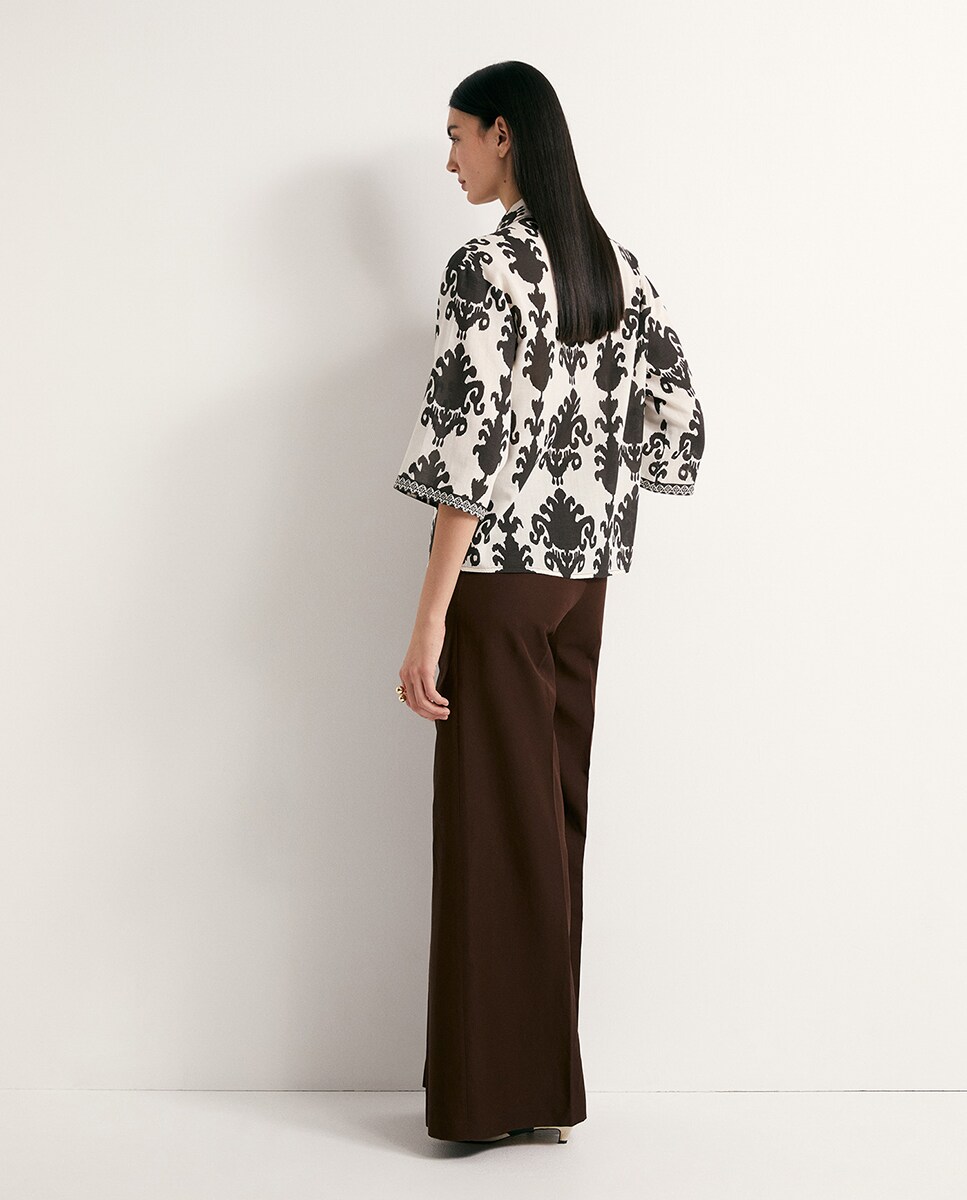 Camisa de Linho Estampada Chocolate-4