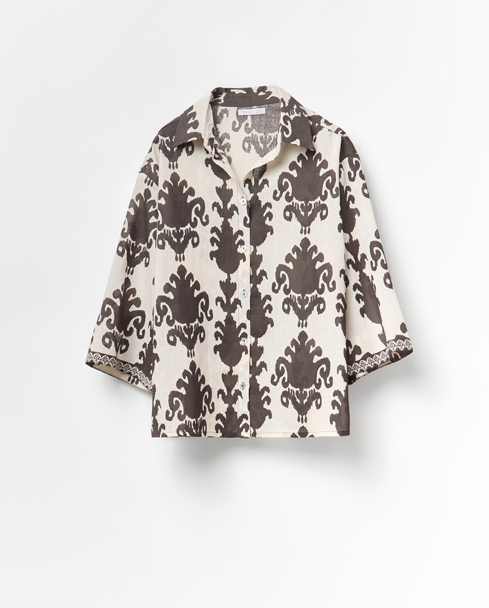 Camisa de Linho Estampada Chocolate-5