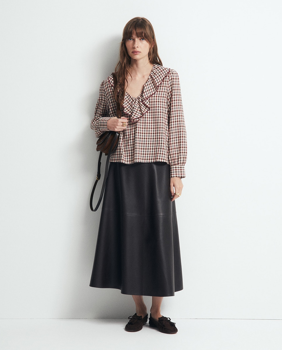 Blusa aos Quadrados com Folho Bege-2