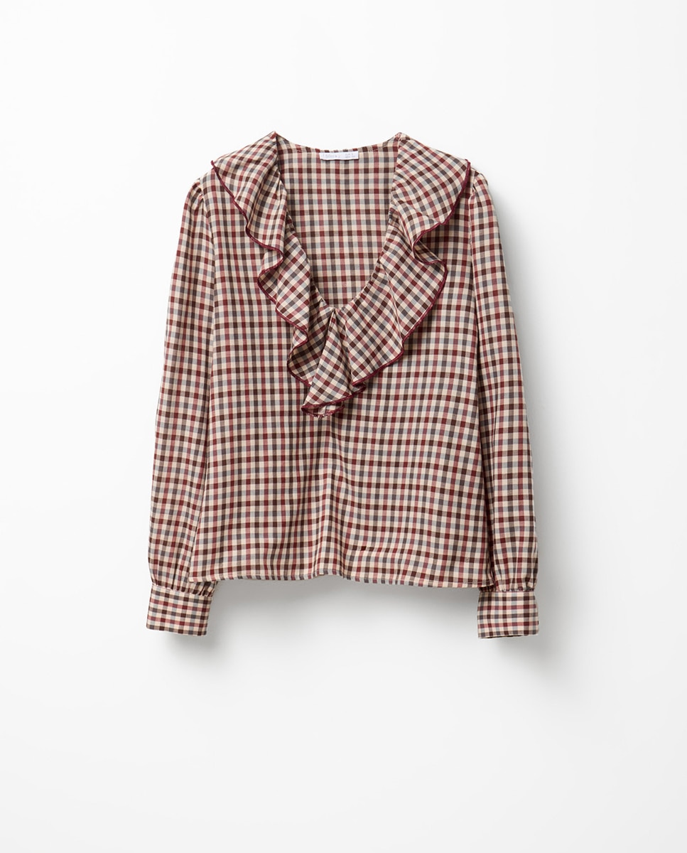 Blusa aos Quadrados com Folho Bege-6