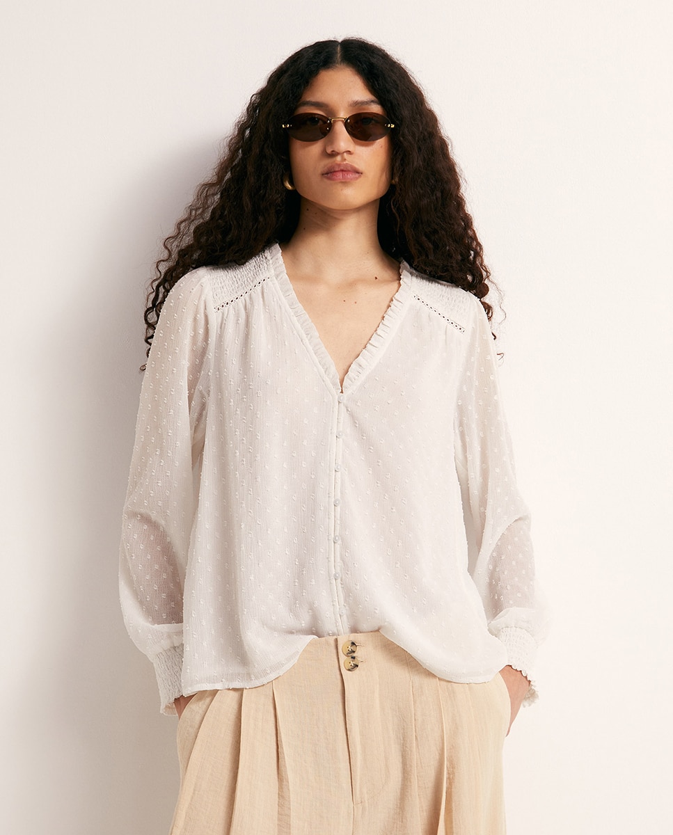 Blusa de plumeti com botões Branco-2