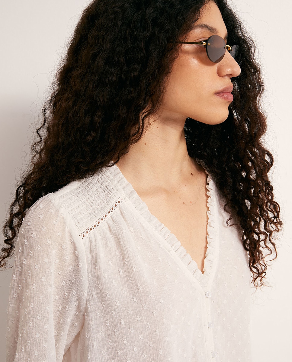 Blusa de plumeti com botões Branco-5