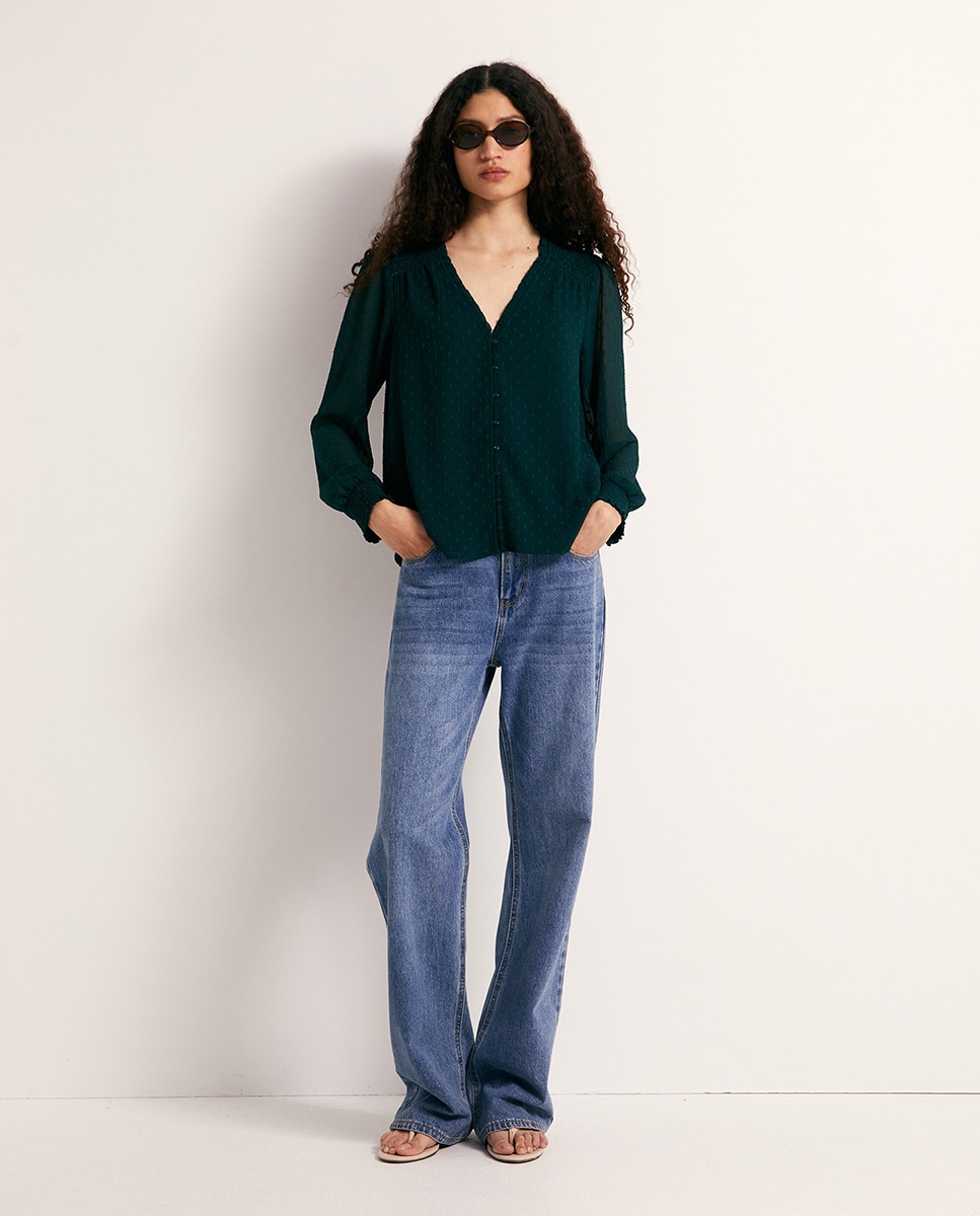 Blusa de plumeti com botões 530 Verde Escuro-2