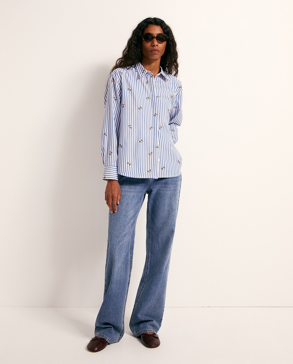 Camisa com Bordado Floral 400 Azul-2
