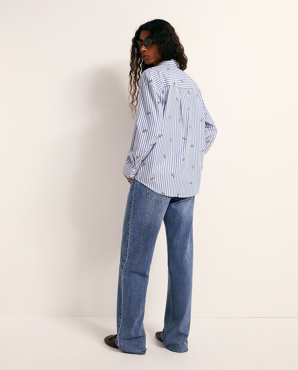 Camisa com Bordado Floral 400 Azul-5