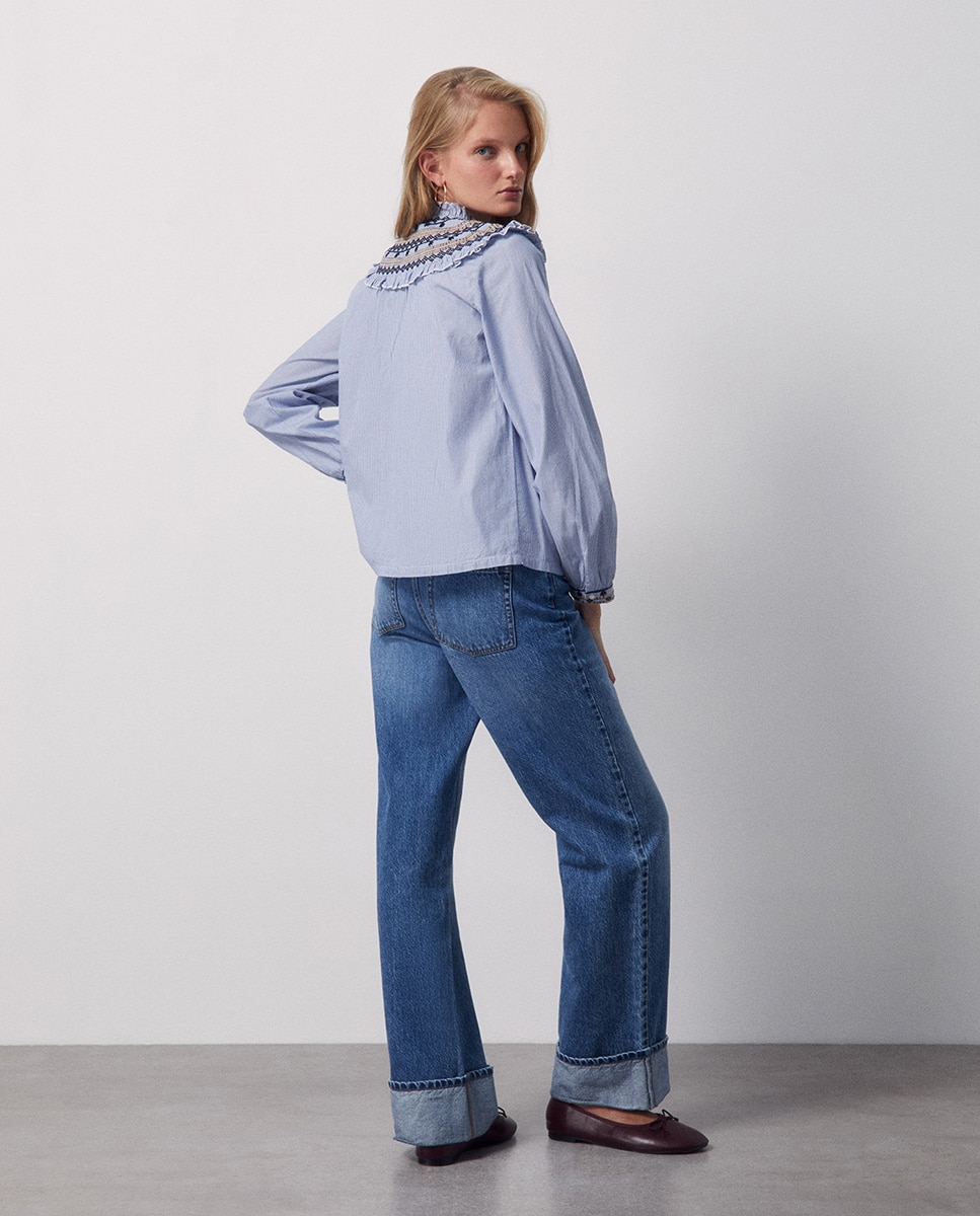Blusa de Popelina Bordada Azul-4