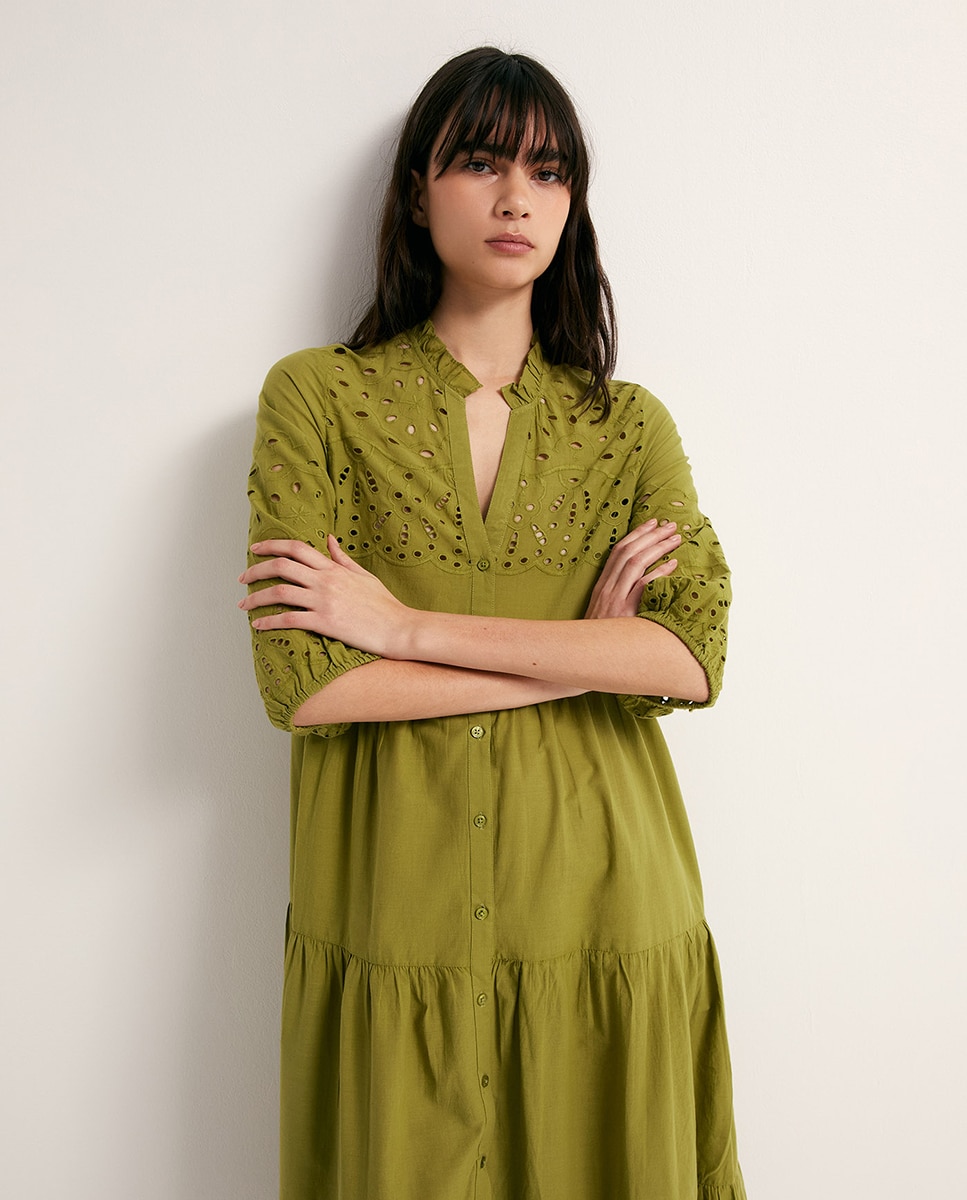 Vestido Camiseiro Schiffly Verde Azeitona-2