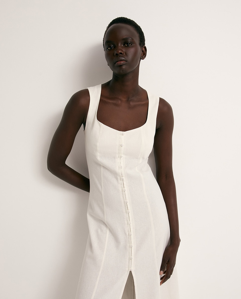 Vestido de Linho com Botões Branco-2