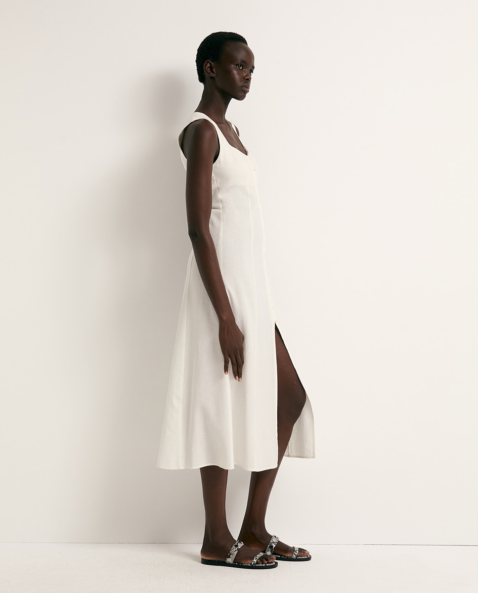 Vestido de Linho com Botões Branco-4
