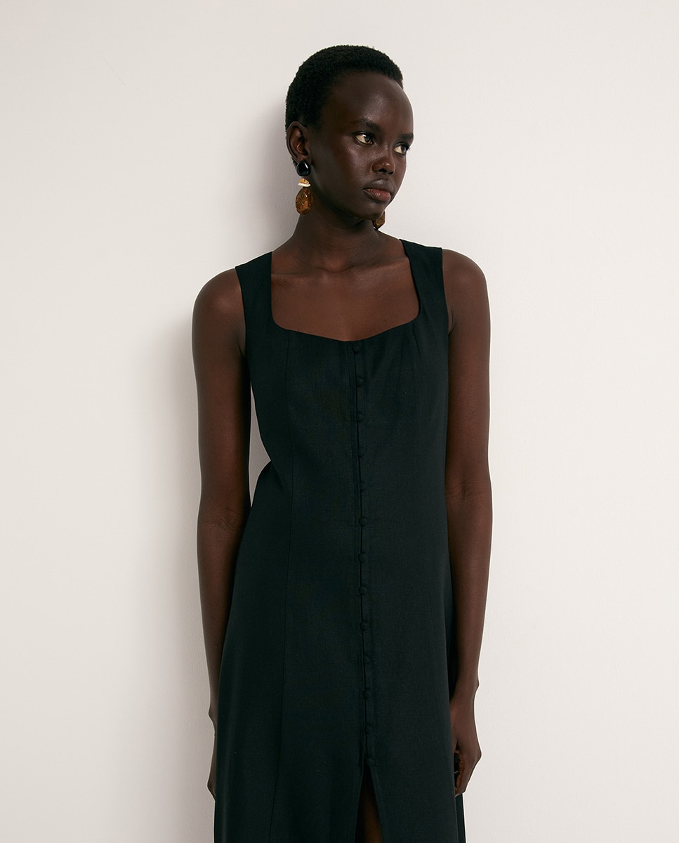 Vestido de Linho com Botões Preto-2