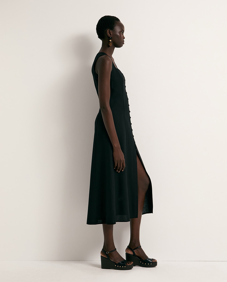 Vestido de Linho com Botões Preto-4