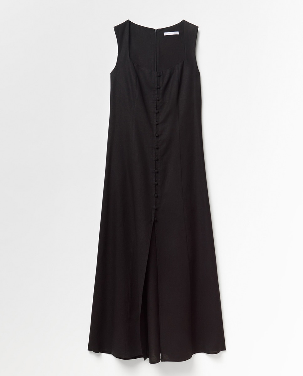 Vestido de Linho com Botões Preto-6