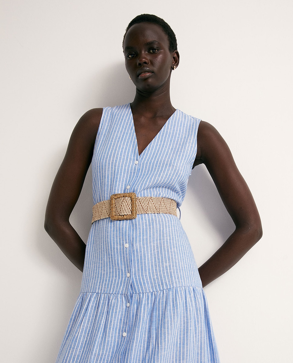 Vestido camiseiro de linho Azul-2