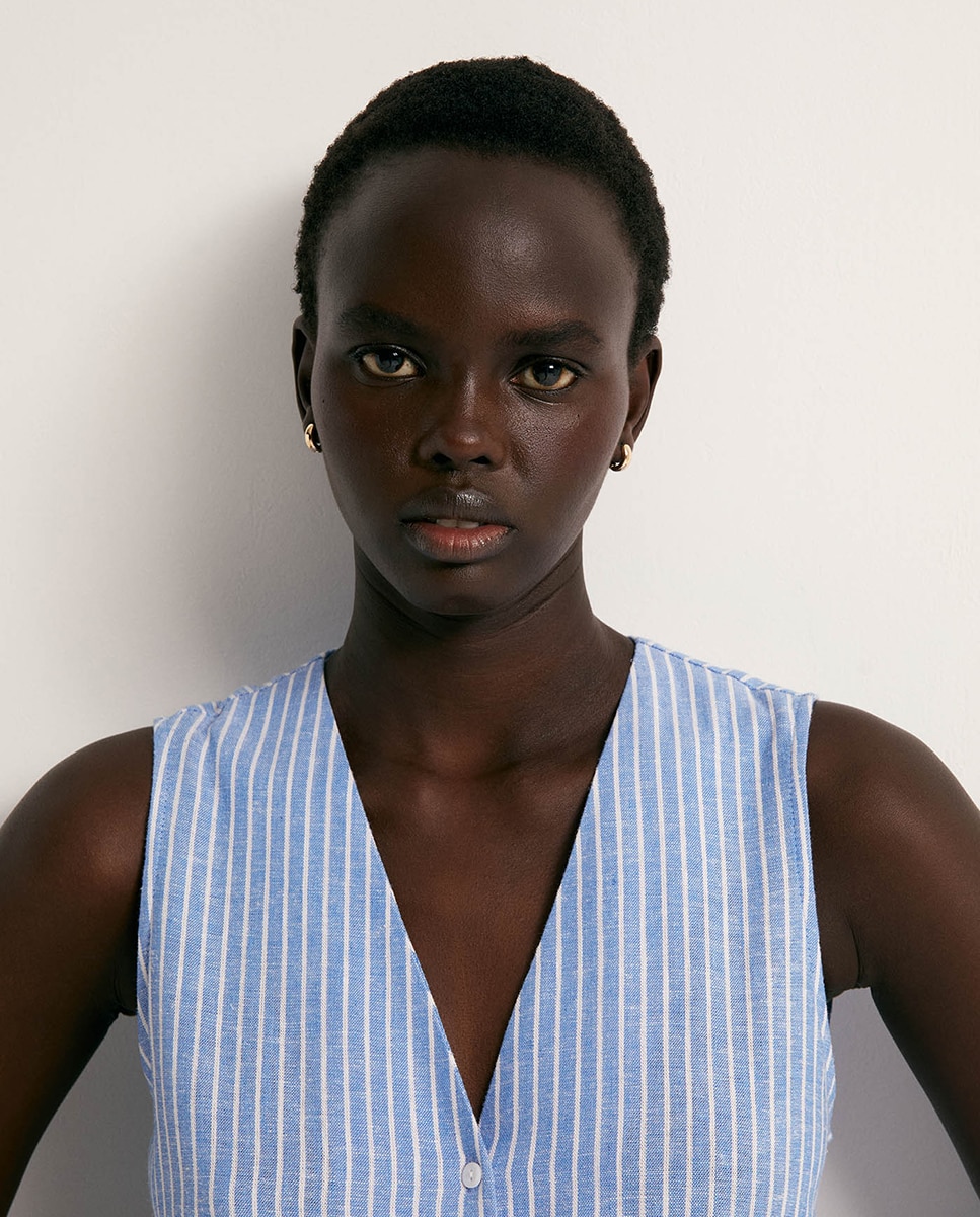 Vestido camiseiro de linho Azul-3