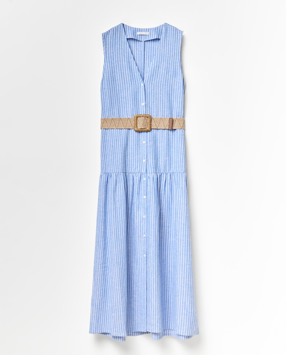 Vestido camiseiro de linho Azul-6