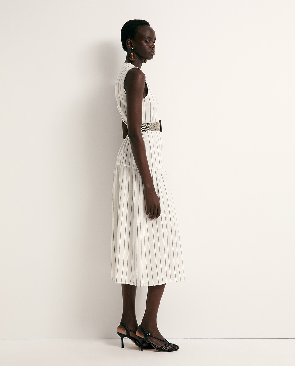 Vestido camiseiro de linho Branco-4