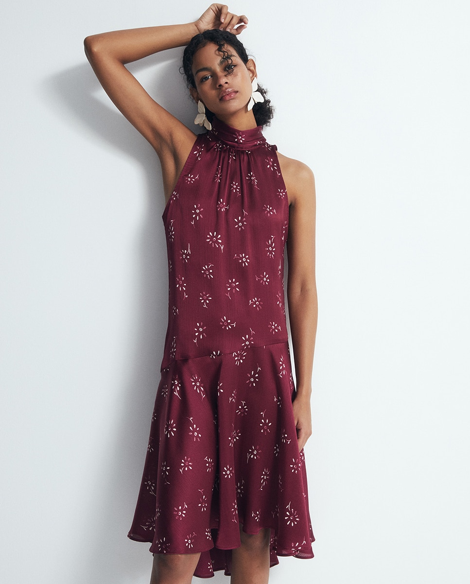 Vestido de Gola Halter Estampado Bordeaux-2