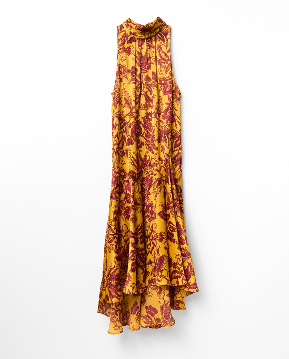 Vestido de Gola Halter Estampado Mostarda-5