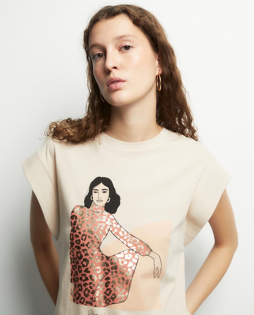 T-shirt com Ilustração Bege-3