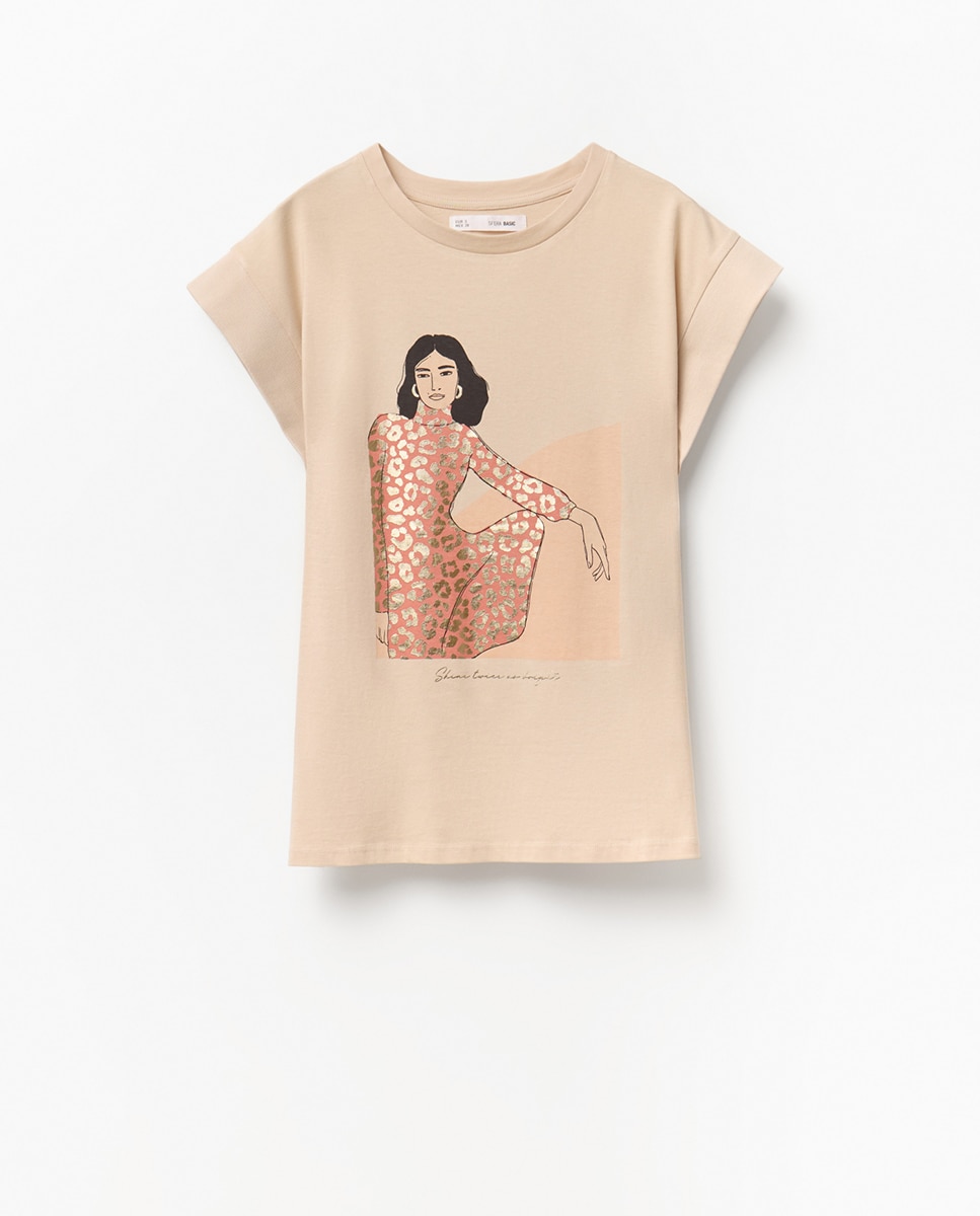 T-shirt com Ilustração Bege-5