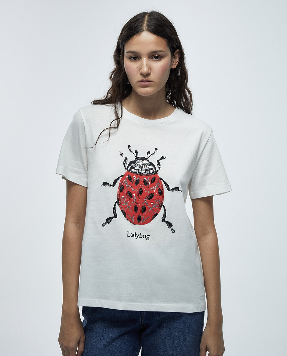 T-shirt com Lantejoulas e Estampado Gráfico Branco-2