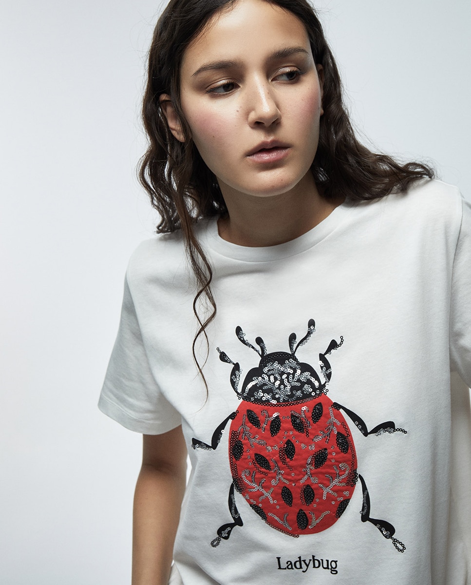 T-shirt com Lantejoulas e Estampado Gráfico Branco-3