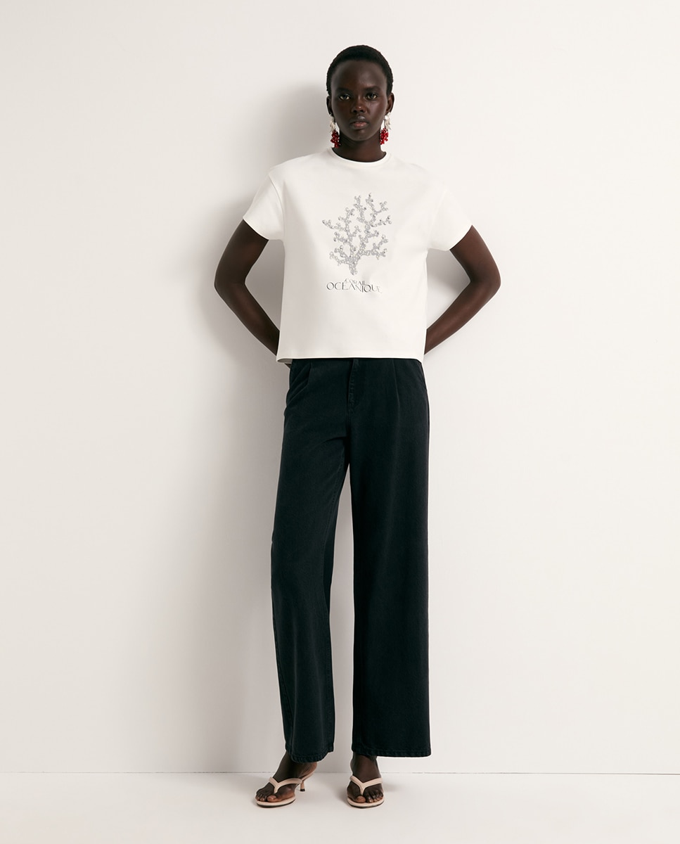 T-shirt com Pérolas à Frente Branco-2