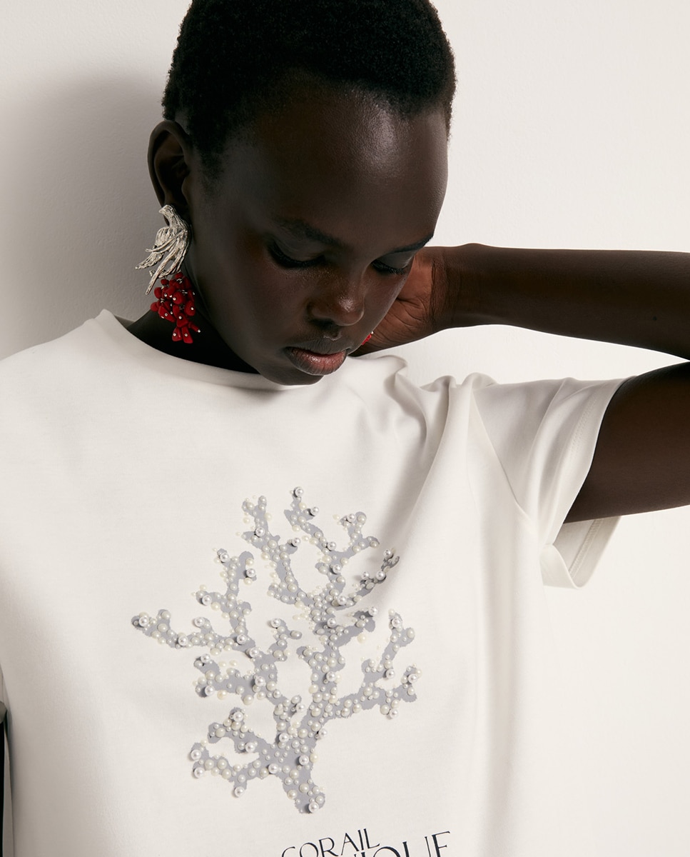 T-shirt com Pérolas à Frente Branco-3