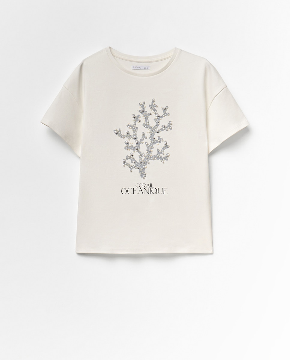 T-shirt com Pérolas à Frente Branco-5